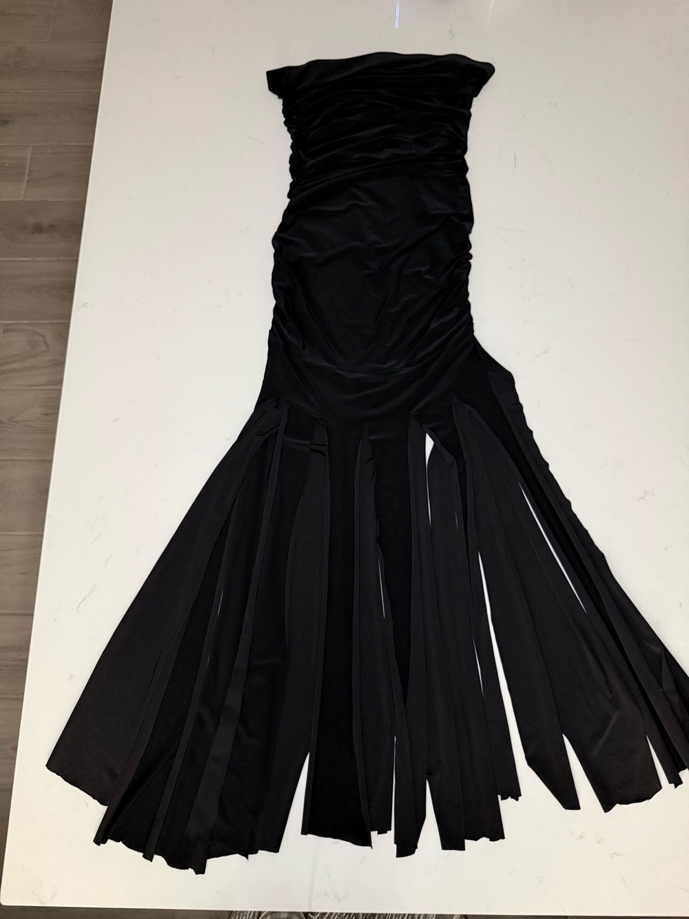 Vintage Strapless Black Long Fringe Maxi Dress